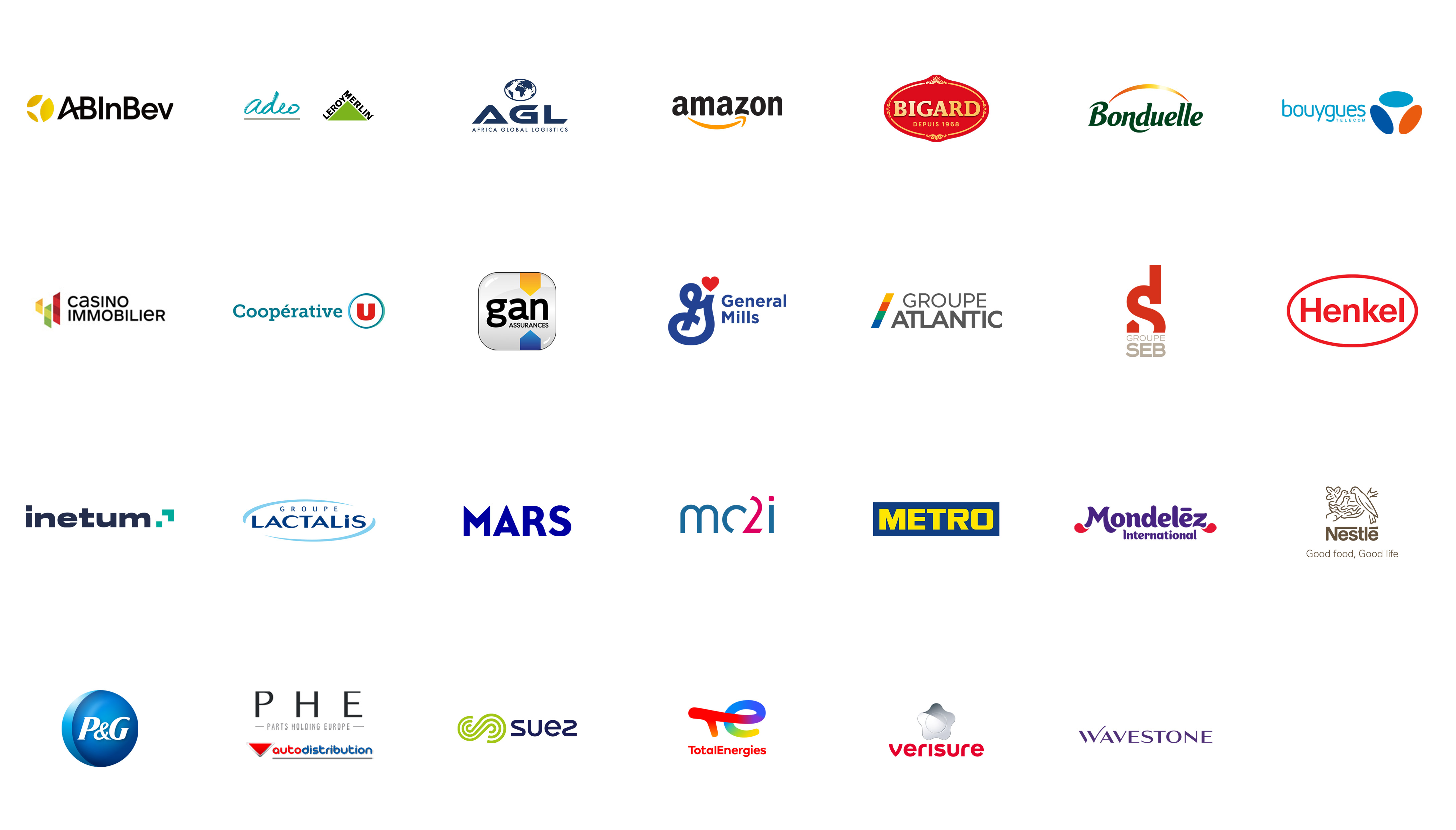 logo des entreprises ABInBev, Amazon, Autodistribution, Bonduelle, Bouygues Telecom, Casino Immobilier, Fnac-Darty, Gan Assurances, General Mills, Groupe Atlantic, Groupe Bigard, Groupe Seb, Henkel, Hilti, Inetum, Lactalis, Mars, Metro, Mondelez, P&G, Reckitt, Saint Gobain, Savencia, Coopérative U et Wavestone