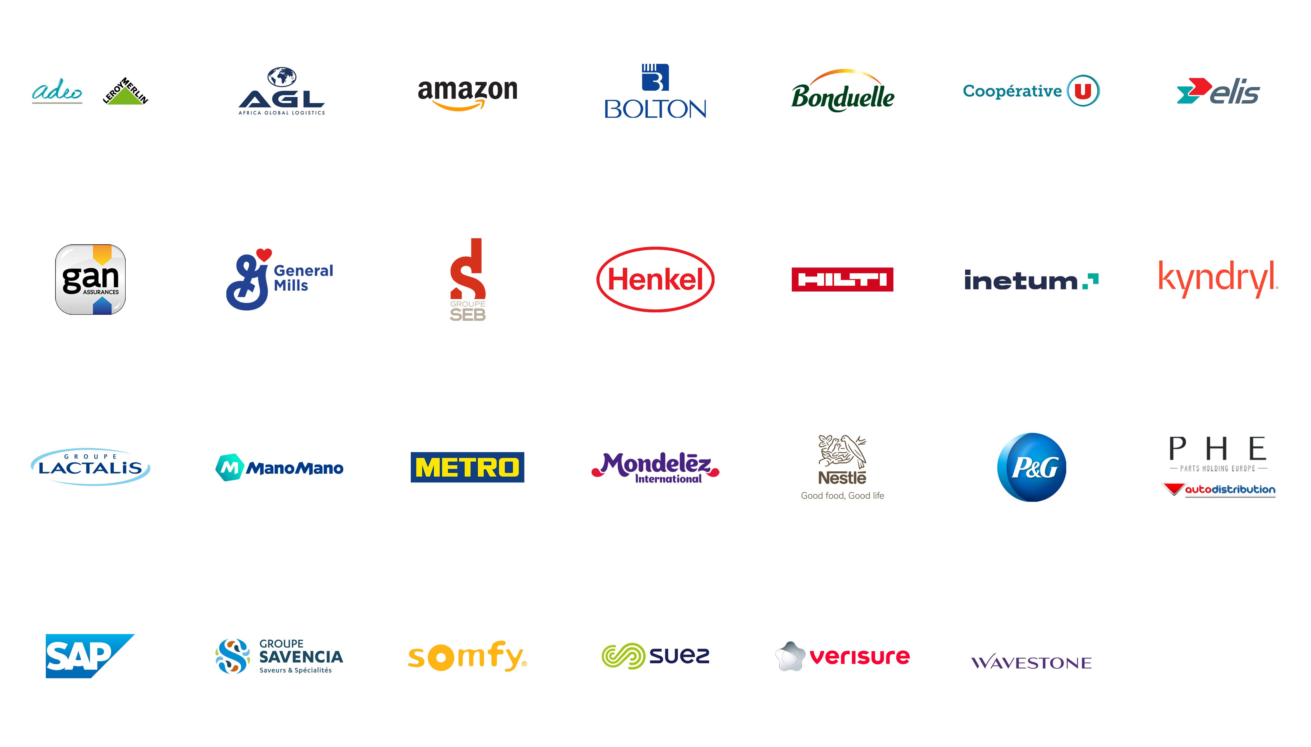 logo des entreprises Adeo Leroy Merlin, AGL, Amazon, Groupe Bolton, Bonduelle, Cooperative U, Elis, Gan Assurances, General Mills, Groupe Seb, Henkel, Hilti, Inetum, Kyndryl, Lactalis, ManoMano, Metro, Mondelez, Nestlé, P&G, PHE Autodistribution, SAP, Savencia, Somfy, Suez, Verisure et Wavestone