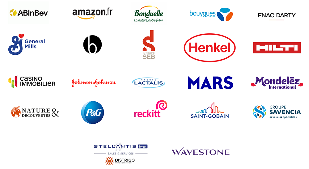 logo des entreprises ABInBev, Amazon, Auchan Retail, Bonduelle, Cdiscount, CGI, Hilti, Lactalis, Metro, Nature & Découverte, P&G, Distrigo et Saint Gobain