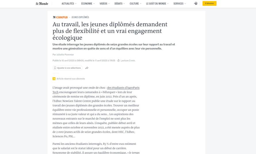 Au travail, les jeunes diplômés demandent plus de flexibilité et un vrai engagement écologique